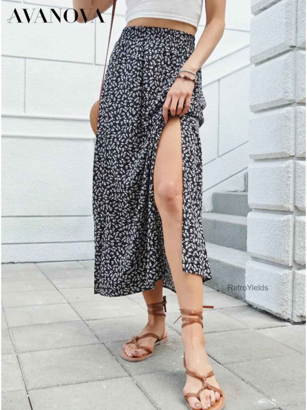 Women Boho Floral Slit Maxi Skirt High Waisted Long Skirt